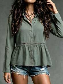 Trelyra Women's Fashion Casual Button Lace Patchwork Daily Shirt - Dark Grey - View 5