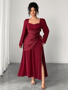 Elenzga Plus Size Elegant Satin Square Neck Cinched Waist Slit Long Sleeve Pleated Evening Gown Dress Fall - Burgundy - View 4