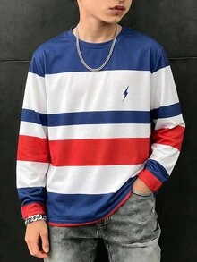 SHEIN 兒童青少年男孩休閒寬鬆百搭條紋圓領長袖T恤上衣，適合學校、日常休閒外出、運動，秋冬款 - 白色 - 查看 3