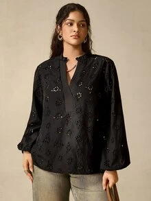 Nubod Black Embroidered Plus Size Women's Notch V-Neck Lantern Sleeve Blouse Fall - Black - View 4
