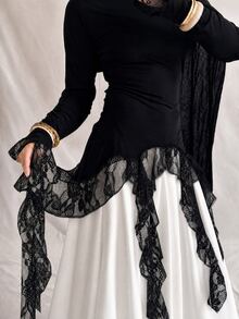 Modelyn Women's Slim Fit Ruffle Long Sleeve Lace Patchwork Seaweed Sticks Elegant Design Versatile Fashion Autumn Plus Size Black Top - Black - View 6