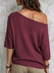 LUMIGAL Women's Loose Slouchy Waffle Knit Sweater With Asymmetric Shoulder Neckline, Raglan Dropped Shoulders And 5-Point Sleeves - Burgundy - View 2