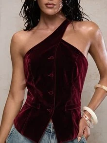 Glamine Women One Shoulder Velvet Vest Top, Asymmetric Sleeveless Button Front Fitted Waistcoat, Burgundy Fall Going Out Top For Halloween Party, Date Night - Burgundy - View 6