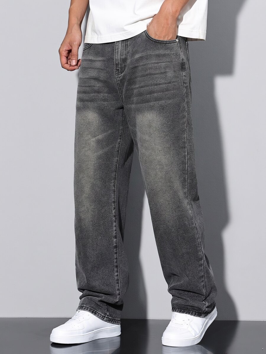 QuarKem Men's Washed Grey Denim Jeans Slim Fit Long Pants - Grey - View 1