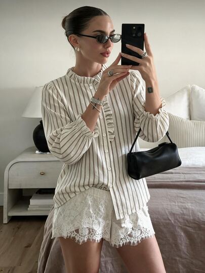 Flora Isola Flora Isola Blus Wanita Eropa dan Amerika Minimalis Bergaris dengan Hiasan Rumbai, Leher V, Lengan Panjang, Kancing Tunggal, Kain Lembut, Cocok untuk Kantor, Kasual, Serbaguna, Pakaian Sepanjang Musim