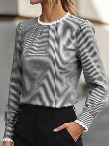 RosyDaze 女款優雅條紋領蕾絲拼接長袖襯衫，適合日常通勤、約會、居家穿著 - 黑色 - 查看 4