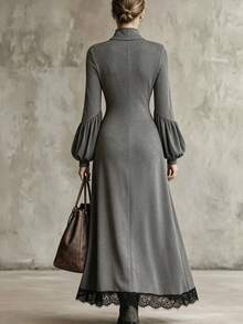 LUMIGAL Women's Lace Patchwork Pleated Front Slit Dress - Grey - View 2