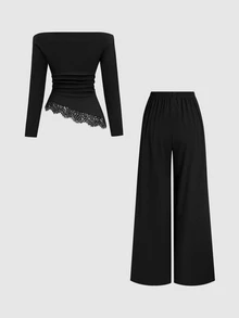Sweetra Asymmetric Shoulder Short Sleeve T-Shirt Slimming Lace Patchwork Design Top Versatile Casual Slimming Long Pants - Black - View 2