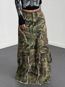 StreetHx Plus Size Women's Camouflage Cargo Pocket Frayed Hem Extra Long Denim Skirt - Multicolor - View 4