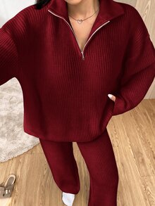SHEIN EZwear Women's Casual Comfortable Burgundy Half-Open Cardigan Sweater & Solid Color Pants Two Pieces Set, Autumn/Winter - Burgundy - View 3