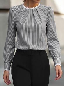 RosyDaze 女款優雅條紋領蕾絲拼接長袖襯衫，適合日常通勤、約會、居家穿著 - 黑色 - 查看 6
