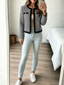 Louniche Elegant Casual Button Black & White Houndstooth Women's Jacket - Black and White - View 5