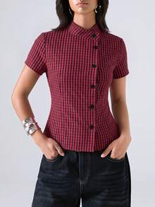 LYSMO Women's Plaid Casual Versatile Daily Wear Shirt - Red and Black - View 3