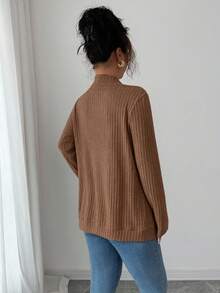 SHEIN PETITE 女款休閒羅紋刷毛開襟側口袋短版薄款夾克 - 卡其色 - 查看 2