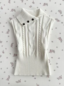 FavEase Women's Cable Knit Button Design Casual Versatile Knit Vest - White - View 1