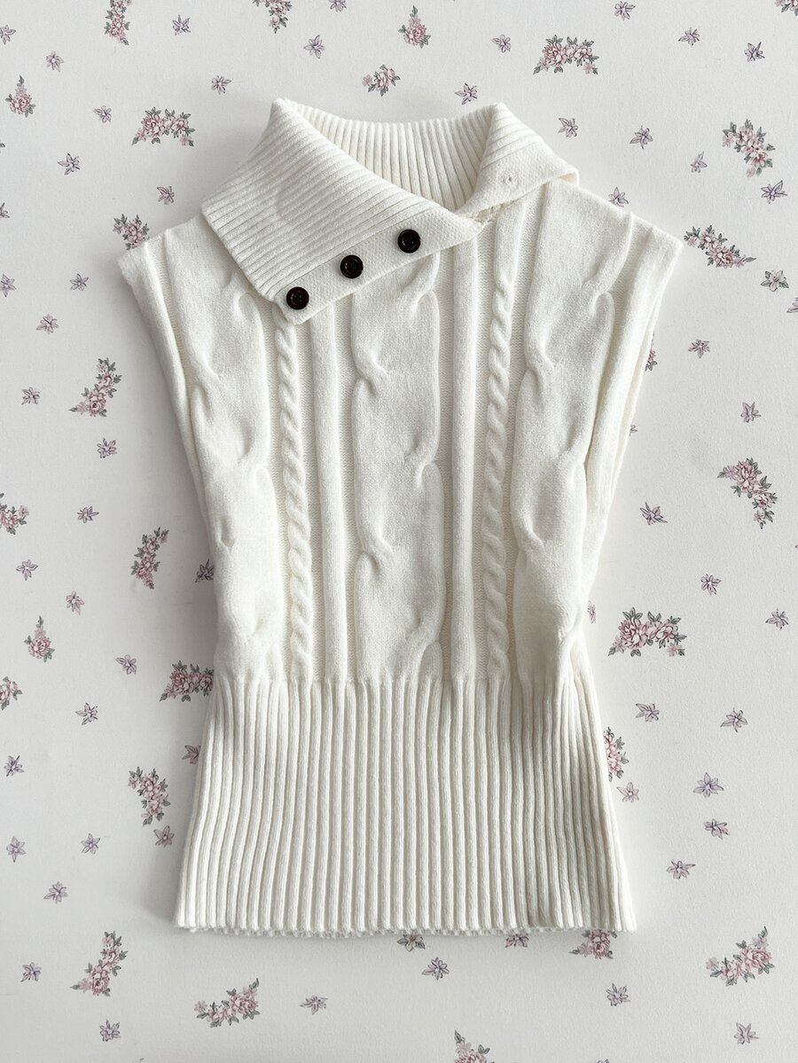 FavEase Women's Cable Knit Button Design Casual Versatile Knit Vest - White - View 1
