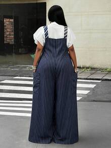 Maweii Plus Size Women's Striped Adjustable Eyelet Buckle Design Wide Leg Overalls - Navy Blue - View 6