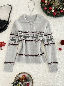 Dulcita Women's Autumn/Winter Half-Zip Small Lapel Collar Contrast Color Long Sleeve Loose Fit Knit Sweater - Light Grey - View 3