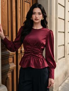 Graceveil Women's Solid Color Pleated Casual Versatile Everyday Blouse - Burgundy - View 1