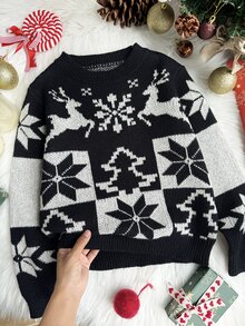 1pc Tween Girls Kids Toddler Casual Christmas Reindeer Snowflake Tree Knitted Long Sleeve Soft Thick Sweaters Pull Jumpers Fall Tops Holiday Fall Winter - Black - View 3