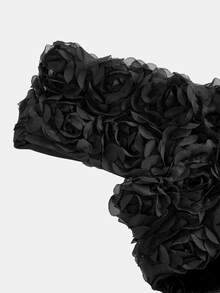 SHEIN Girlism 青少年女孩派對禮服 露肩 3D花卉拼接 優雅交叉下擺開衩魚尾裙，適合秋冬多用途派對穿著 - 黑色 - 查看 4