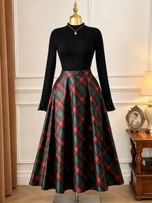 Rometta Plus Size Women's Autumn/Winter Striped Print Skirt, Casual 1920s 70's Fashionable, Perfect For Party Family Occasions Christmas Eve Green - Multicolor - View 4