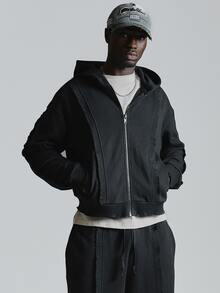 Musero Oversized Drop Shoulder Ribbed Insert Zip Through Hoodie Inserted Side Pockets Ribbed Sleeve Cuff Co Ord Hoddie Only Autum Winter Essentials - Black - View 3