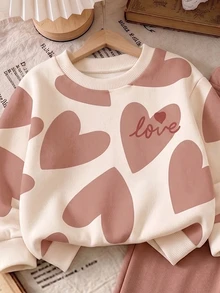 2pcs Baby Girls Casual Fashion Sweet Cute Heart Pattern LOVE Print Crew Neck Long Sleeve Fleece Sweatshirt Pullover And Matching Wide Leg Sweatpants Set, Suitable For Autumn/Winter Wear - Multicolor - View 3