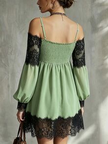 Glimmora Women's Green Contrast Lace Cami Short Dress - Green - View 3