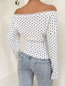 SHEIN EZwear 女款波點印花蕾絲拼接露肩上衣 - 白色 - 查看 2