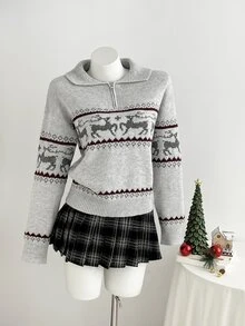 Dulcita Women's Autumn/Winter Half-Zip Small Lapel Collar Contrast Color Long Sleeve Loose Fit Knit Sweater - Light Grey - View 1