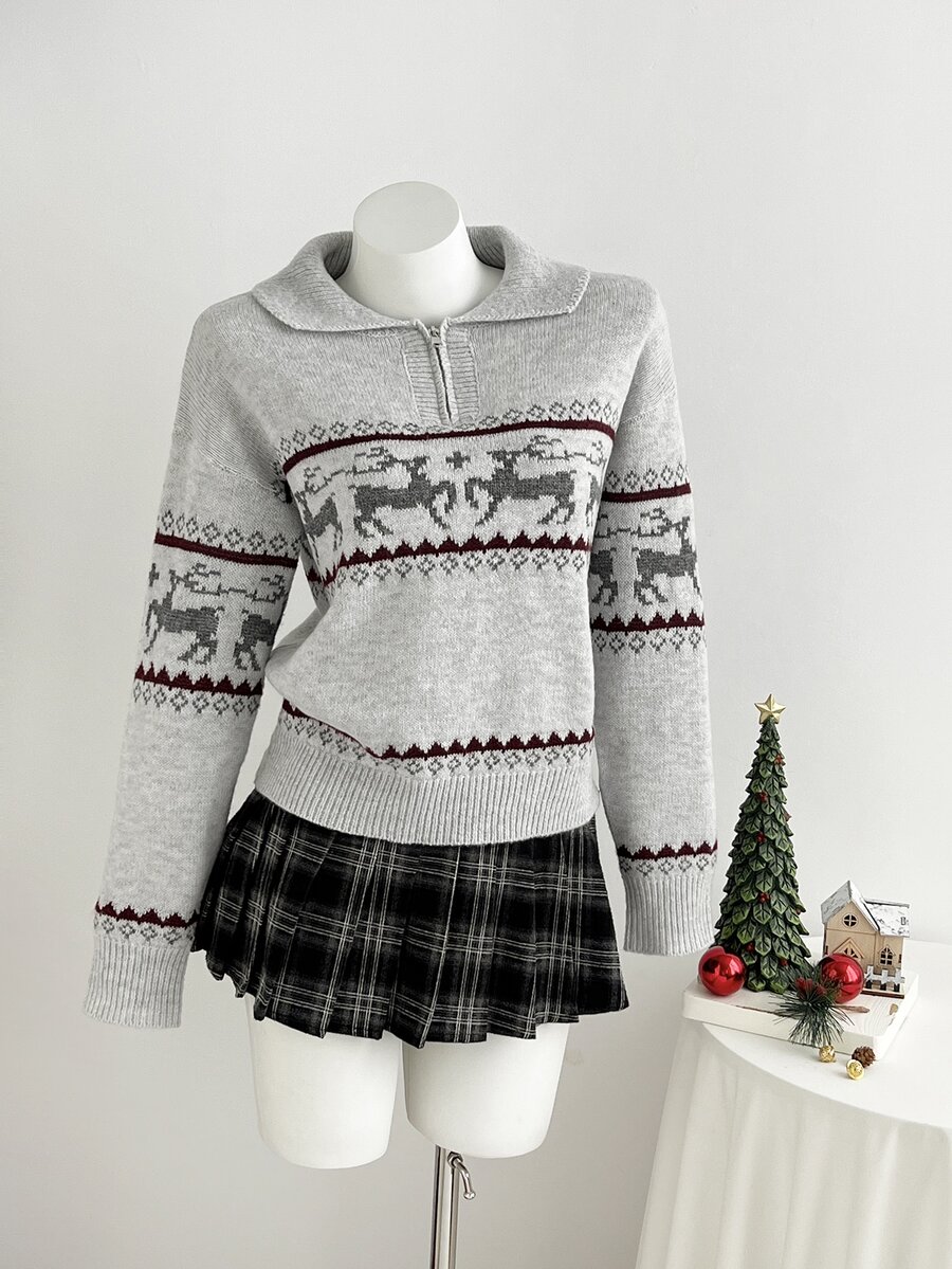 Dulcita Women's Autumn/Winter Half-Zip Small Lapel Collar Contrast Color Long Sleeve Loose Fit Knit Sweater - Light Grey - View 1