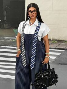 Maweii Plus Size Women's Striped Adjustable Eyelet Buckle Design Wide Leg Overalls - Navy Blue - View 2