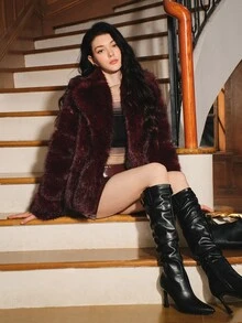Anewsta 秋冬新款優雅女士人造狐狸毛大衣 時尚毛裏女款毛絨外套 - 酒紅色 - 查看 6