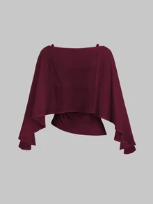 Sweetra 2pcs Set With Boat Neck Flowy Chiffon Cape Outerwear And Elastic Ruched Waist Camisole Inner, Elegant Beige Outfit For Office Commute, Casual And Date Wear - Burgundy - View 2