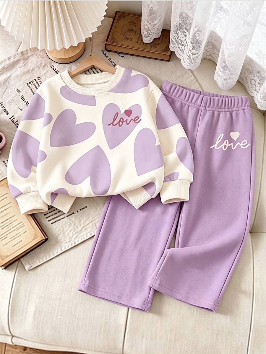 2pcs Young Girls Casual Fashion Sweet Cute Heart Pattern LOVE Print Crew Neck Long Sleeve Fleece Sweatshirt Pullover And Matching Wide Leg Sweatpants Set, Suitable For Autumn/Winter Wear - Multicolor - View 1