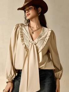 Nubod Plus Size Elegant Lace Patchwork V-Neck Draped Long Sleeve Blouse - Khaki - View 8