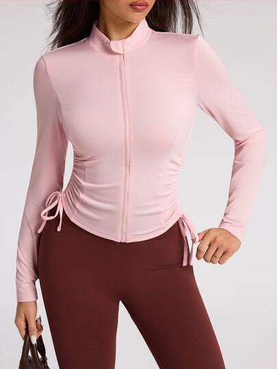 Eassivo Eassivo Women's Solid Color Long Sleeve Zipper Front Side Waist Drawstring Sports Jacket