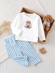 SHEIN طقم ملابس للبنات الصغيرات بتصميم جرو لطيف، ملابس علوية علوية مطاطية & بنطلون كاجوال مربعات بساق مستقيمة، مناسب للشتاء - ازرق وابيض - مشاهدة 1