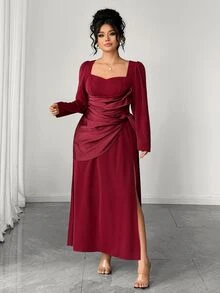 Elenzga Plus Size Elegant Satin Square Neck Cinched Waist Slit Long Sleeve Pleated Evening Gown Dress Fall - Burgundy - View 3
