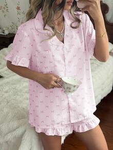 CottageSlumber Set Piyama Lengan Pendek Berkerut Motif Pita dan Rumbai - Berwarna merah muda - View 7