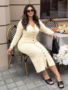 Easura Plus Size V-Neck Button Lantern Sleeve Design Slim Fit Knit Dress, Comfortable & Elegant For Commuting - Apricot - View 5
