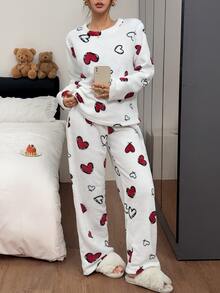 Napfluff Women's Autumn/Winter Plush Heart Print Crew Neck Long Sleeve Long Pants Pajama Set - White - View 1