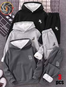 SHEIN 3件組買2送1兒童青少年男孩休閒百搭保暖內裡加厚運動衫，黑色運動衫、深灰色運動衫、麻灰運動衫，百搭上衣，適合秋冬、學校、運動、秋季穿搭、冬季穿搭 - 彩色 - 查看 3