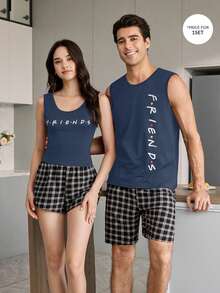 CoupledUp FRIENDS X SHEIN Men's American Vintage Letter Print Tank Top And Plaid Shorts Pajama Set - Blue - View 6