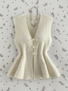FavEase Women's Casual Versatile Knitted Vest With Frog Button Design - White - View 3