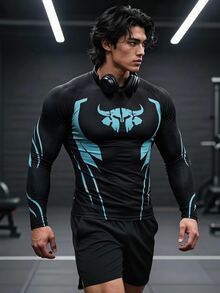 GymBeat تي شيرت رجالي بطبعة جرافيك تقنية بقصة ضيقة وأكمام طويلة، قميص رياضي للتمارين الخارجية والجري والتدريب - الأسود - مشاهدة 1