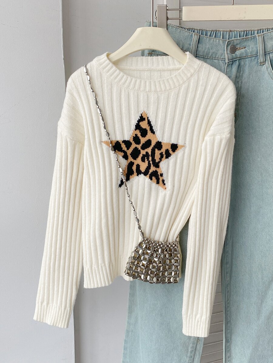 Girls' Autumn/Winter Fashion Five-Point Star Pattern Jacquard Khaki Knit Sweater Long Sleeve Top - White - View 1