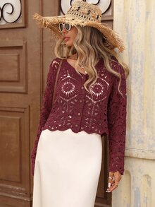 Brillora Women's Solid Color Hollow Out Casual Versatile Daily Wear Cardigan - Burgundy - View 5