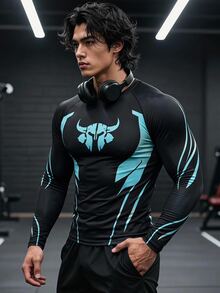 GymBeat تي شيرت رجالي بطبعة جرافيك تقنية بقصة ضيقة وأكمام طويلة، قميص رياضي للتمارين الخارجية والجري والتدريب - الأسود - مشاهدة 3